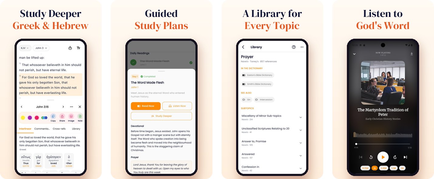Edify - Bible app screens: Greek and Hebrew study panel, Study Plans, the topical Library and the Audio Bible